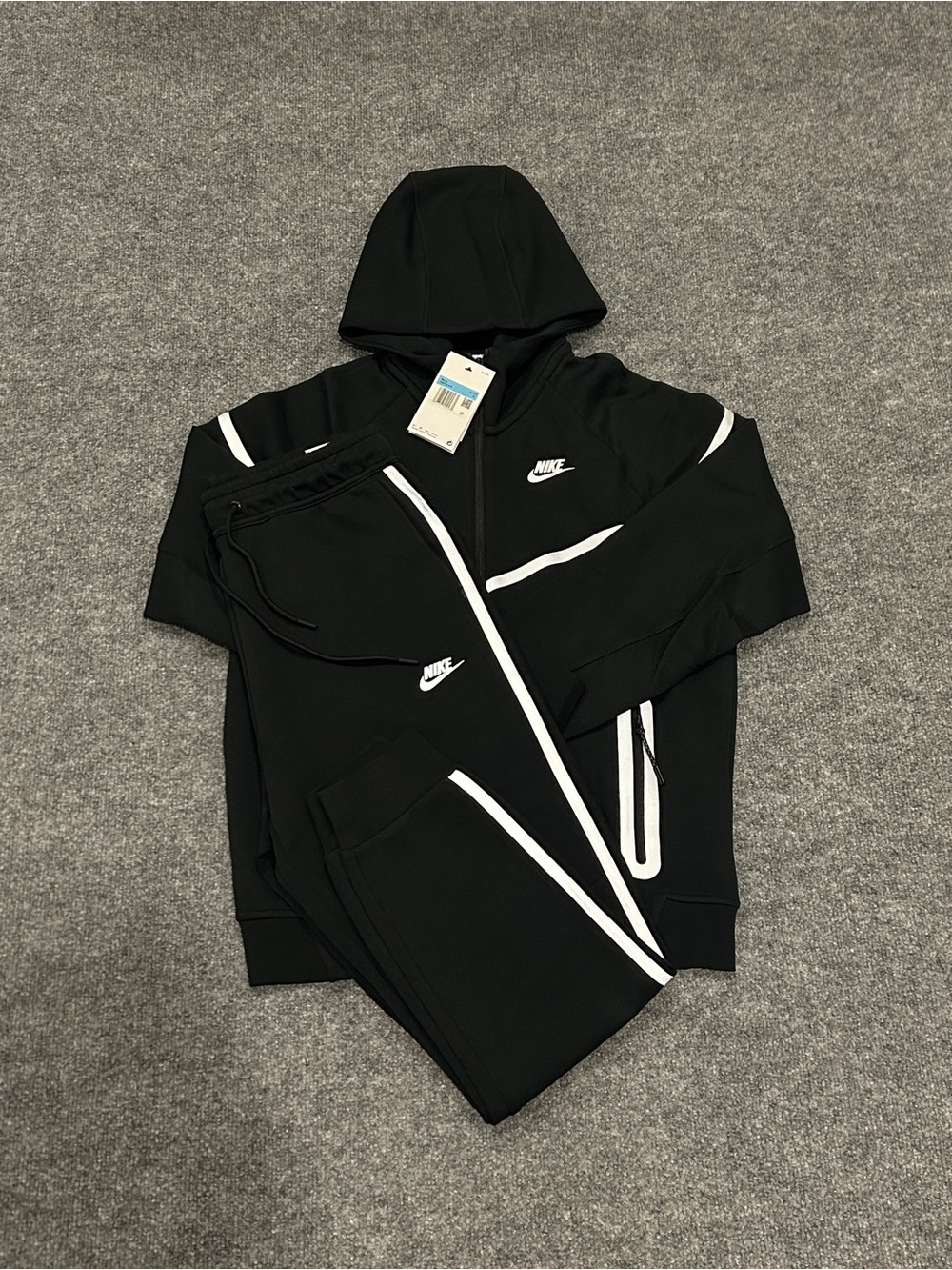 Man Kids Black Hoodie & Sweatpants Set with White Piping